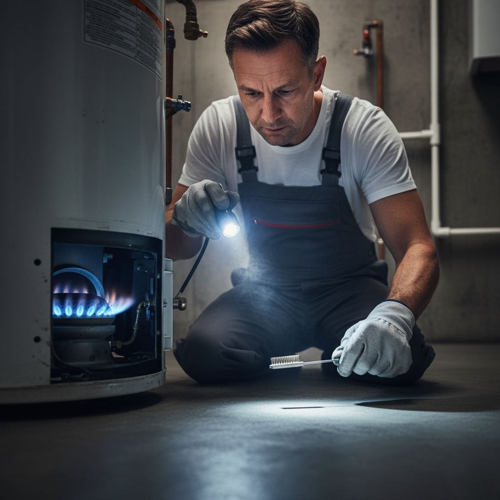 Technician inspecting a gas water heater burner.