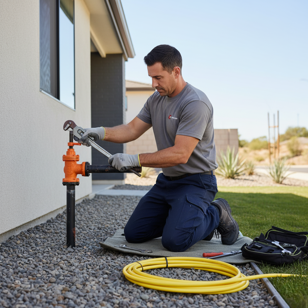 Technician replacing a section of gas piping outdoors.