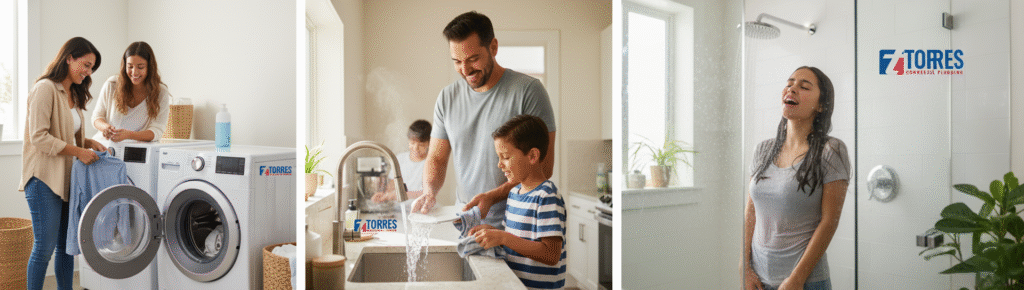 Family enjoying hot water at home (laundry, kitchen, shower)