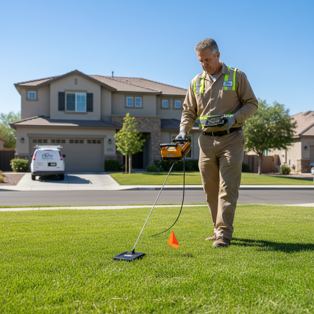 Technician locating a buried septic tank using professional detection equipment.