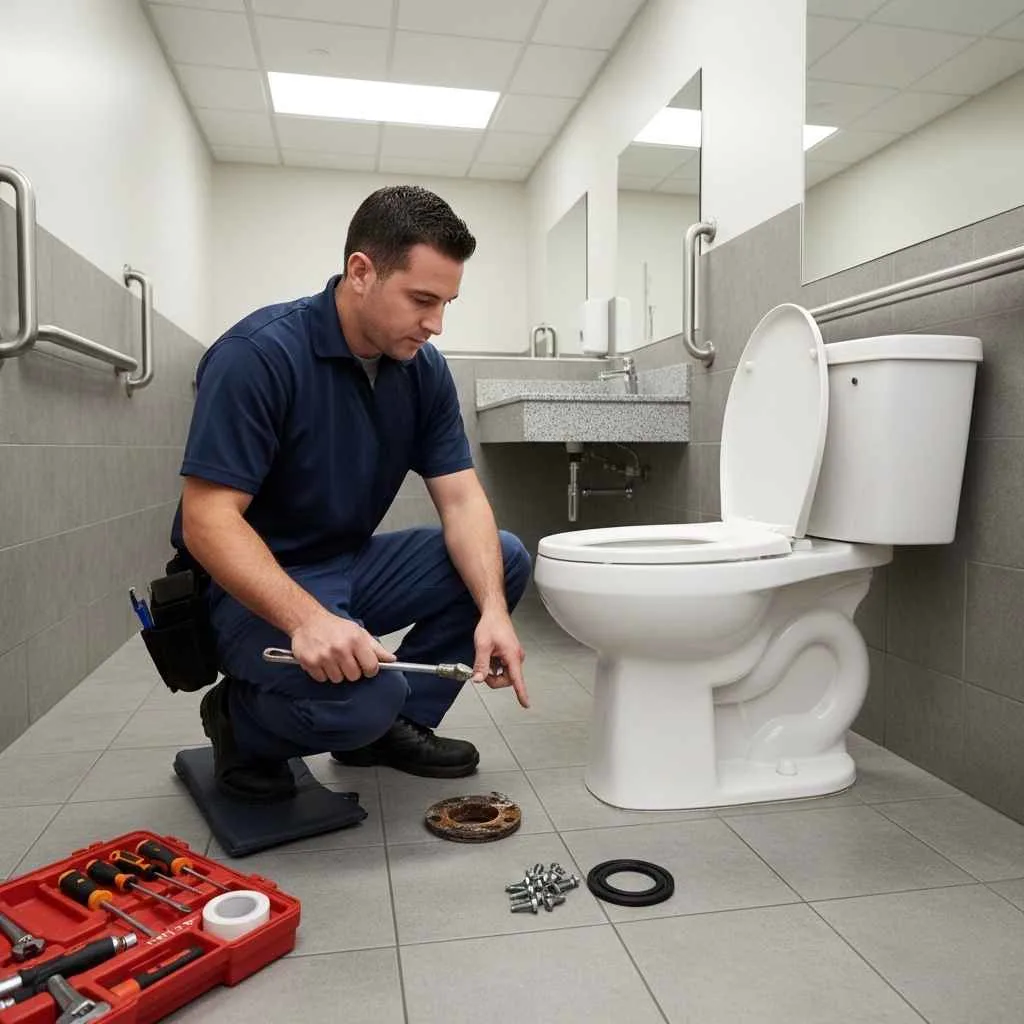 Technician repairing toilet in a commercial restroom