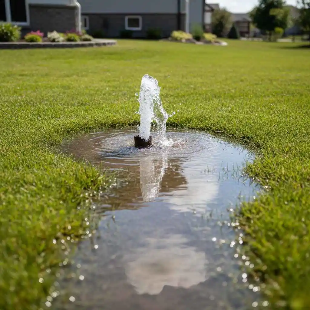 Water pooling on lawn from underground pipe leak