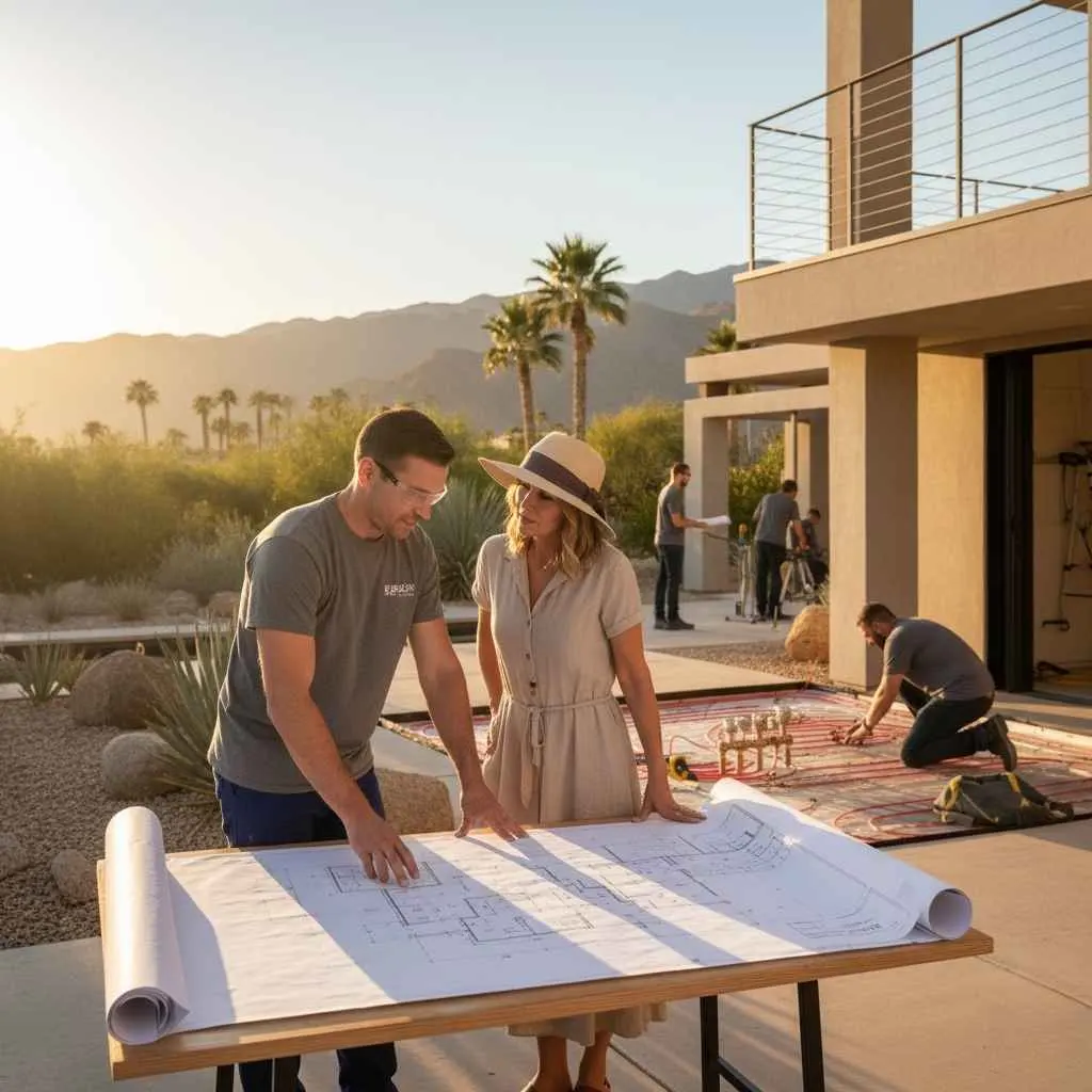 Plumber reviewing plans with homeowner