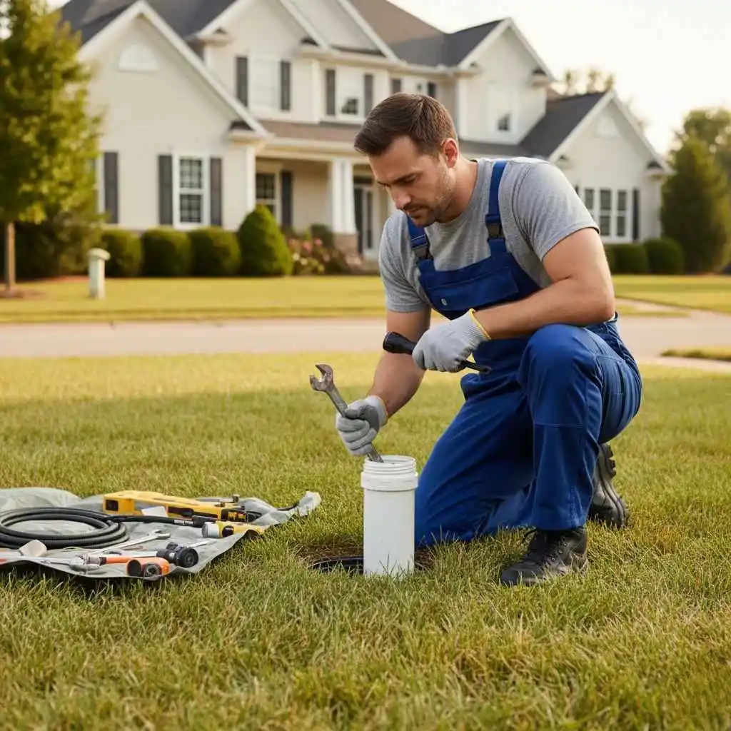 plumber inspecting a sewer cleanout outside a home