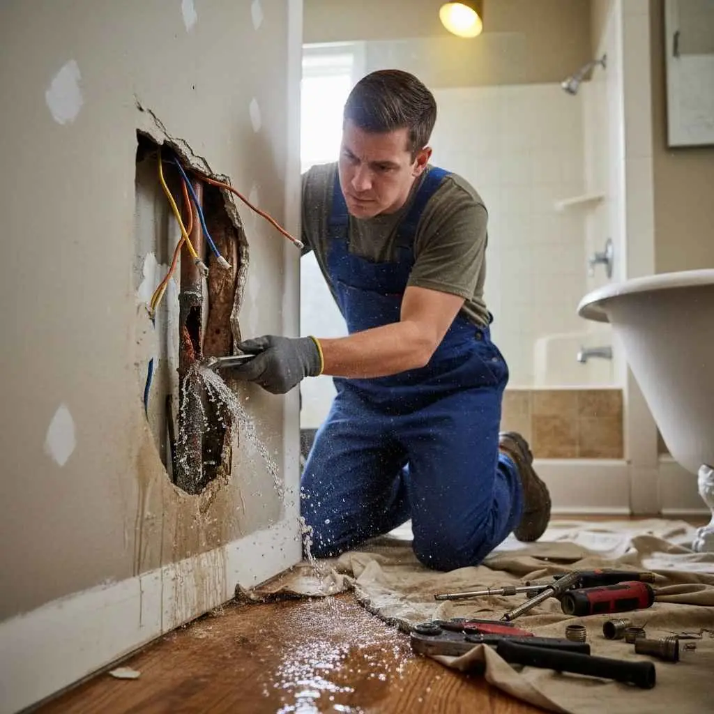 plumber repairing a burst pipe inside a wall