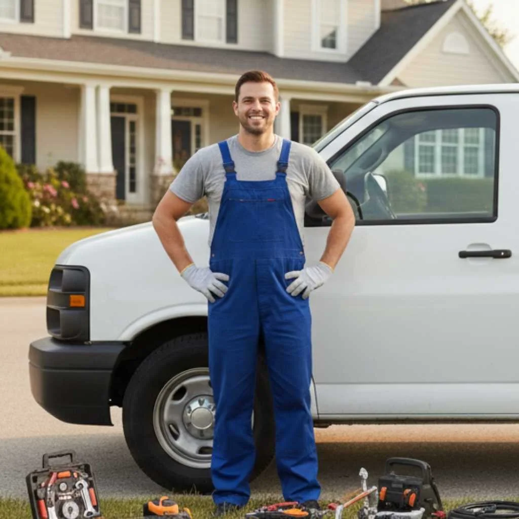 smiling plumber standing next to service vehicle