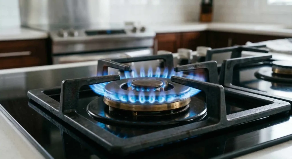 kitchen gas stove with a steady blue flame