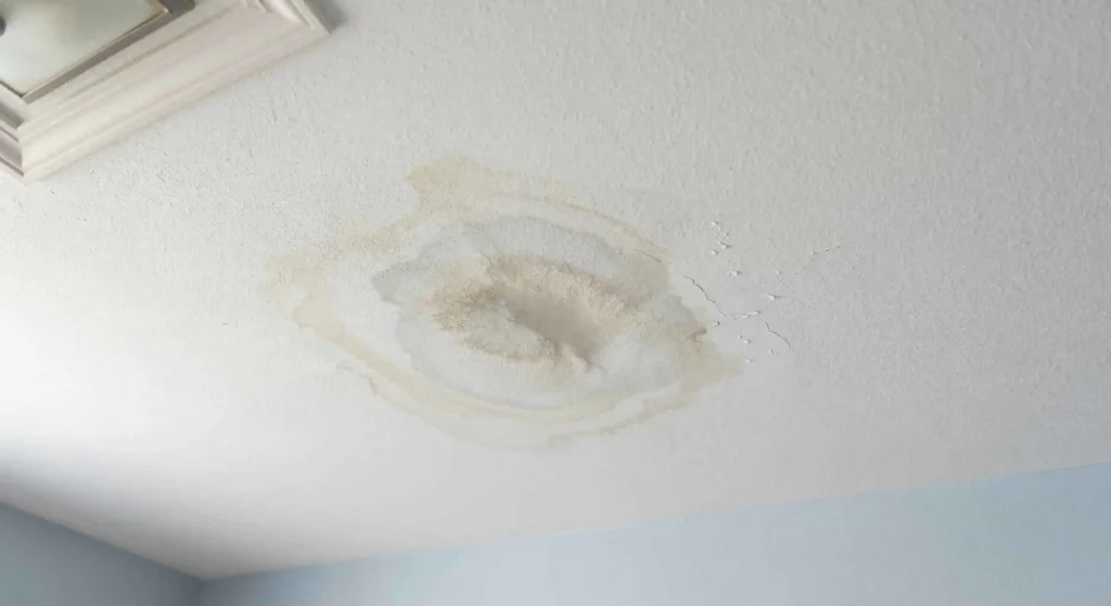 light water damage stains on a ceiling caused by a hidden plumbing leak.