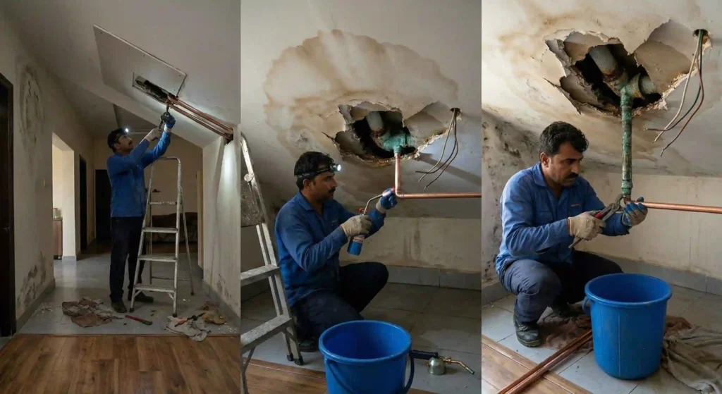 plumber repairing pipe in residential home.