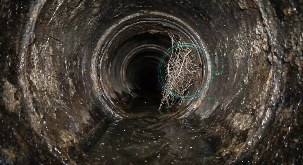 sewer camera inspection showing the inside of a plumbing pipe.