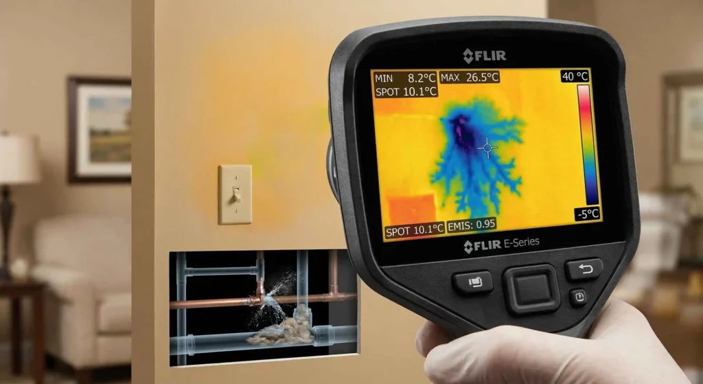 thermal imaging screen showing a water leak behind a wall.