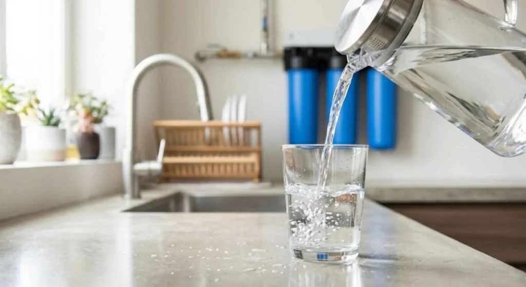 clear drinking water being poured into a glass