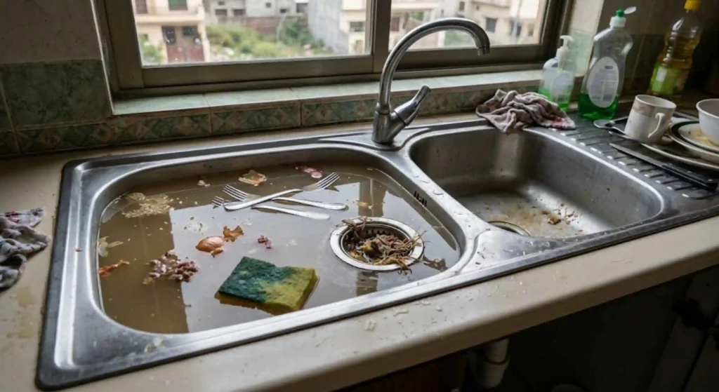 clogged kitchen sink with standing water
