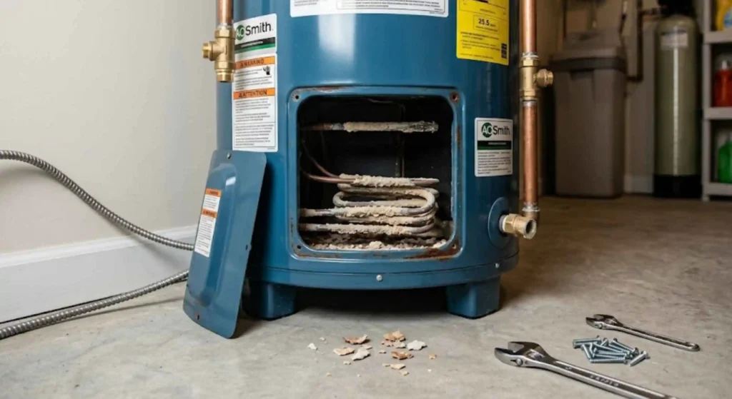 damaged water heater with scale buildup