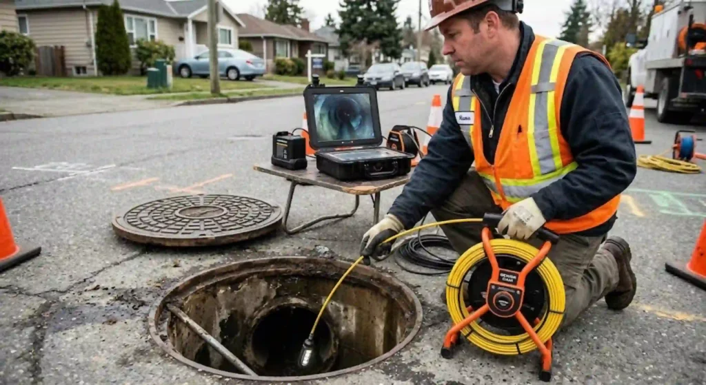 technician inspecting sewer line with camera