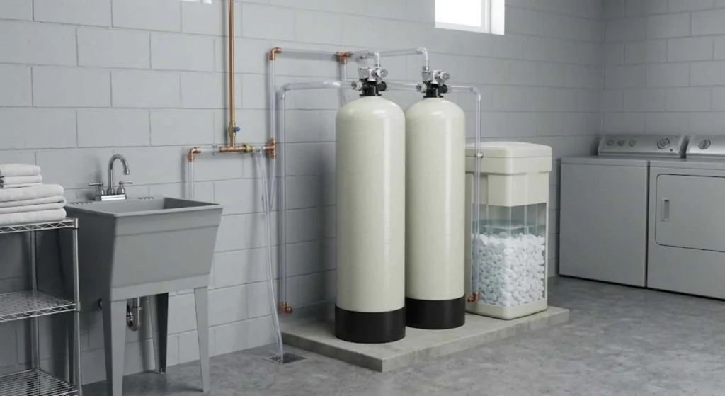 water softener system installed in utility room 