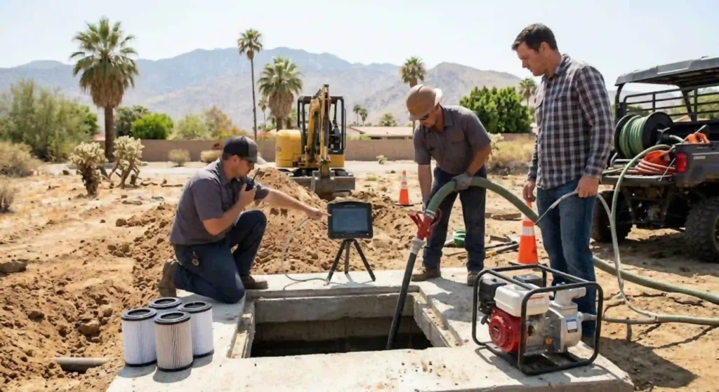 Septic repair team servicing underground wastewater tank