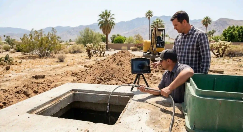 Technician performing septic tank inspection in Palm Desert