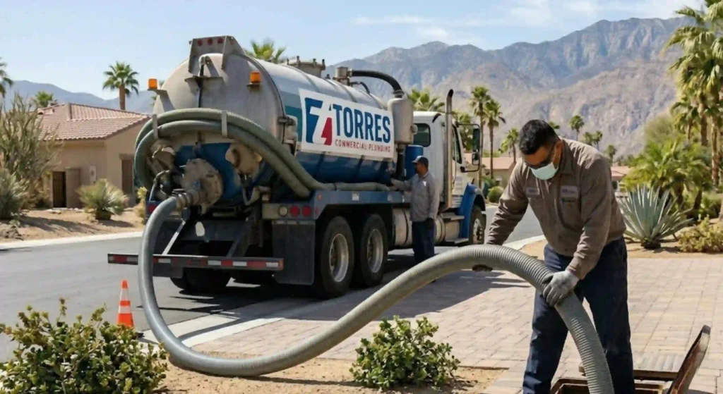 Vacuum truck performing septic maintenance in residential property