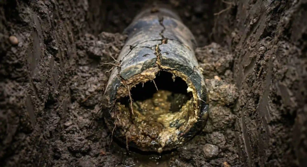 Damaged underground sewer pipe showing cracks and buildup