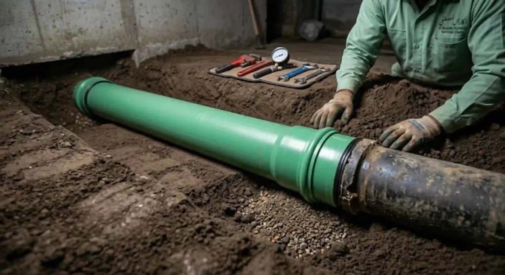 Newly installed drain line after professional replacement service