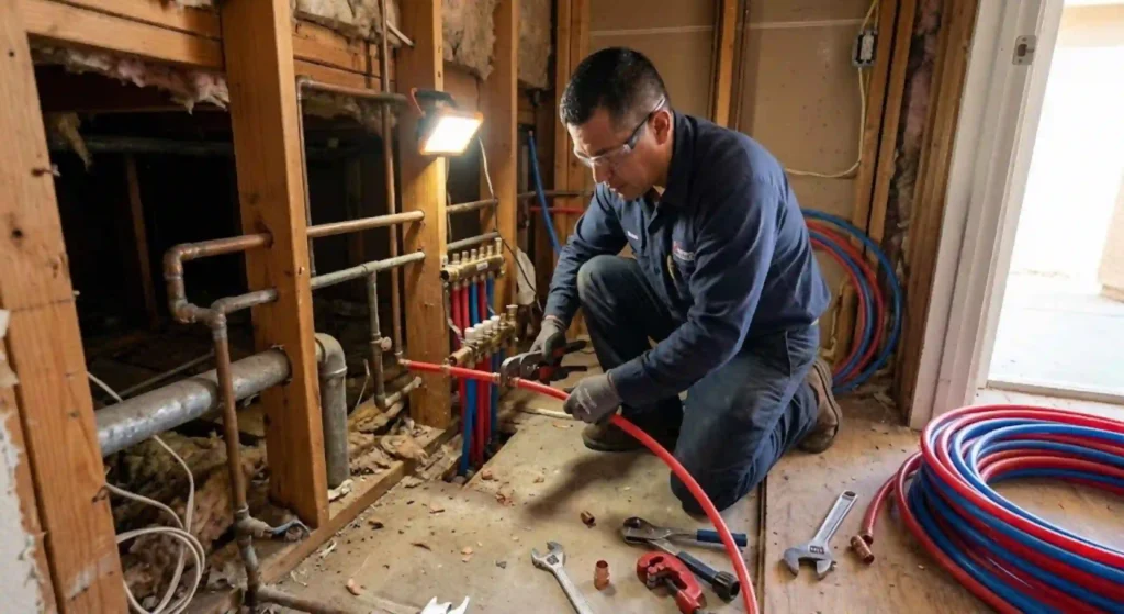 Professional plumber performing repiping service in Indio home