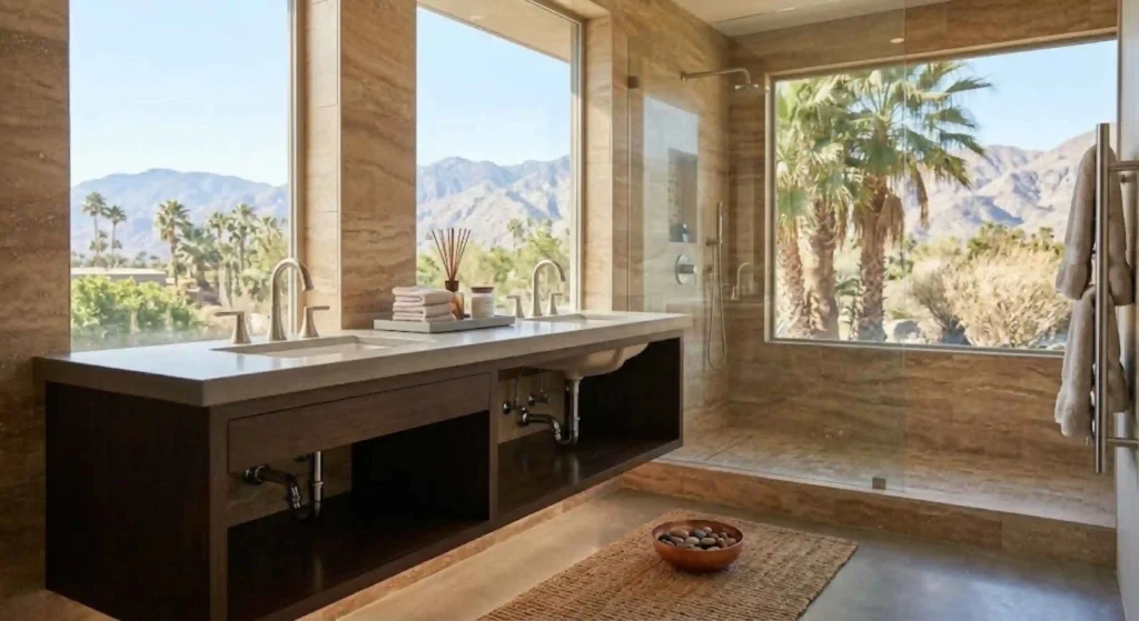 Completed luxury bathroom with custom plumbing in Palm Desert