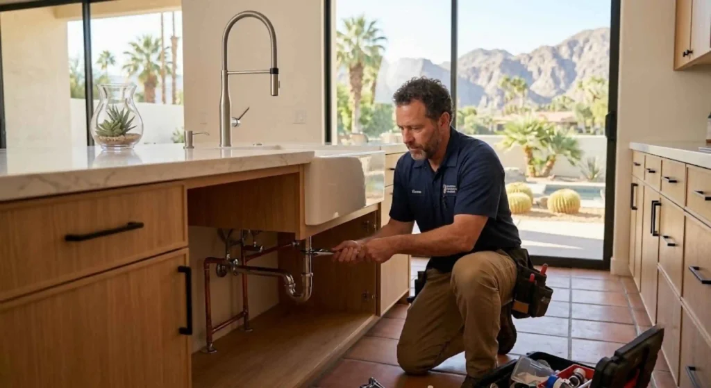 Licensed plumber installing custom plumbing in a Palm Desert kitchen