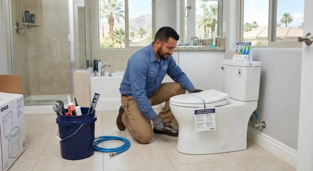 New high-efficiency toilet installed in an Indio bathroom