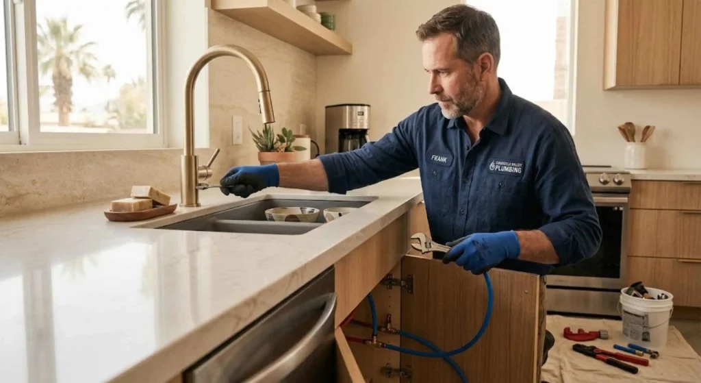 Professional plumber installing a modern kitchen faucet in Palm Desert
