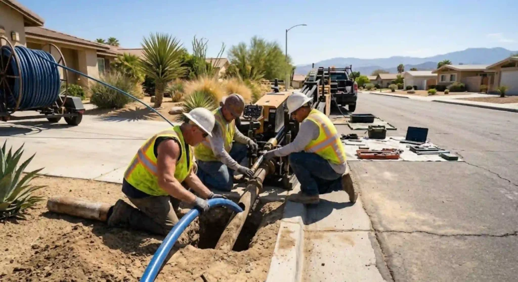 Professional plumber performing trenchless sewer replacement in Indio