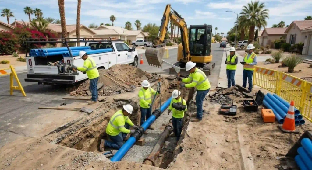 Professional water line replacement team working in Indio
