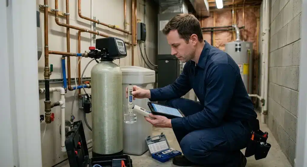 Professional plumber assessing water hardness for a Coachella Valley home